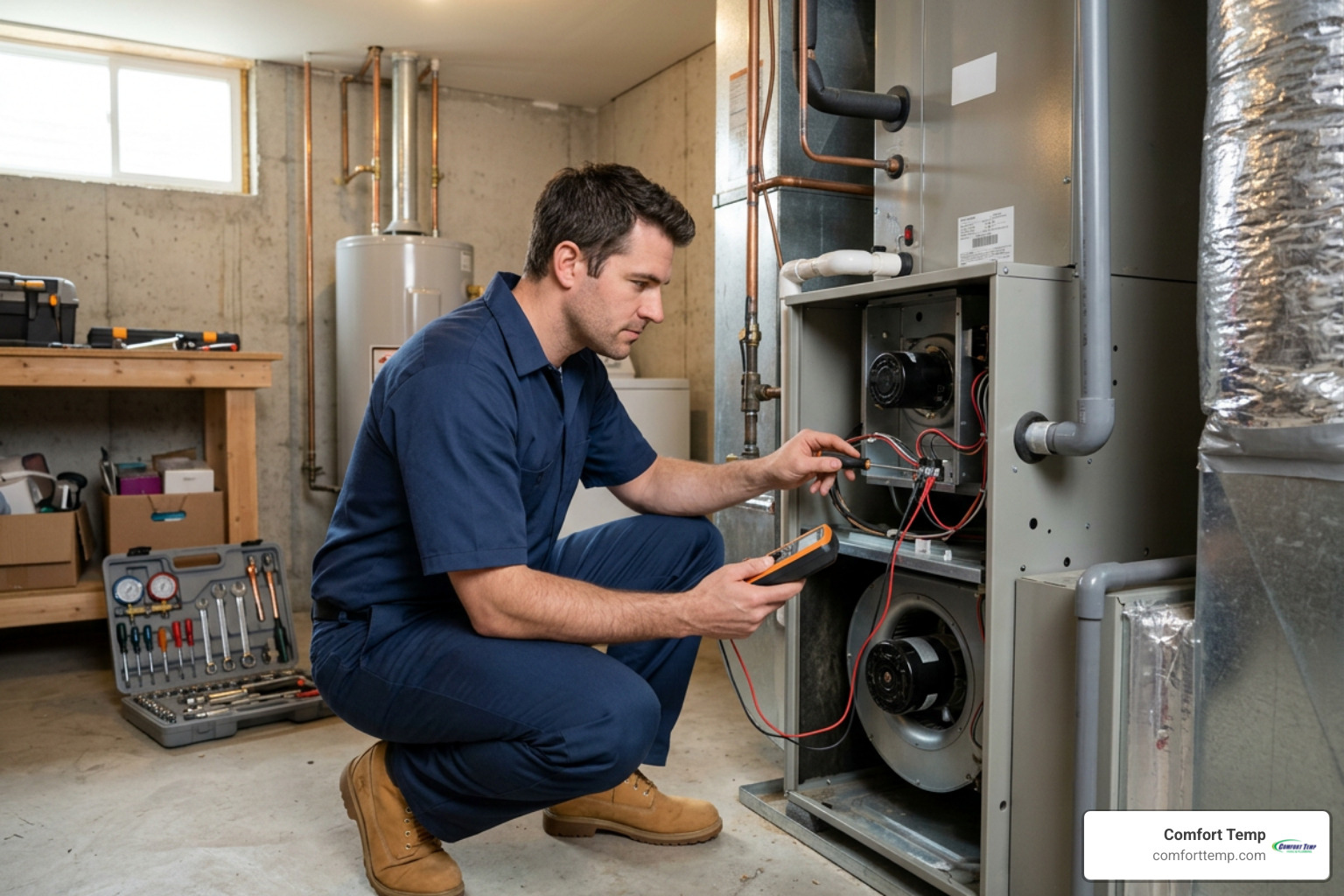 professional technician in a blue uniform with no logos inspecting an indoor air handler professional technician in a blue uniform with no logos inspecting an indoor air handler