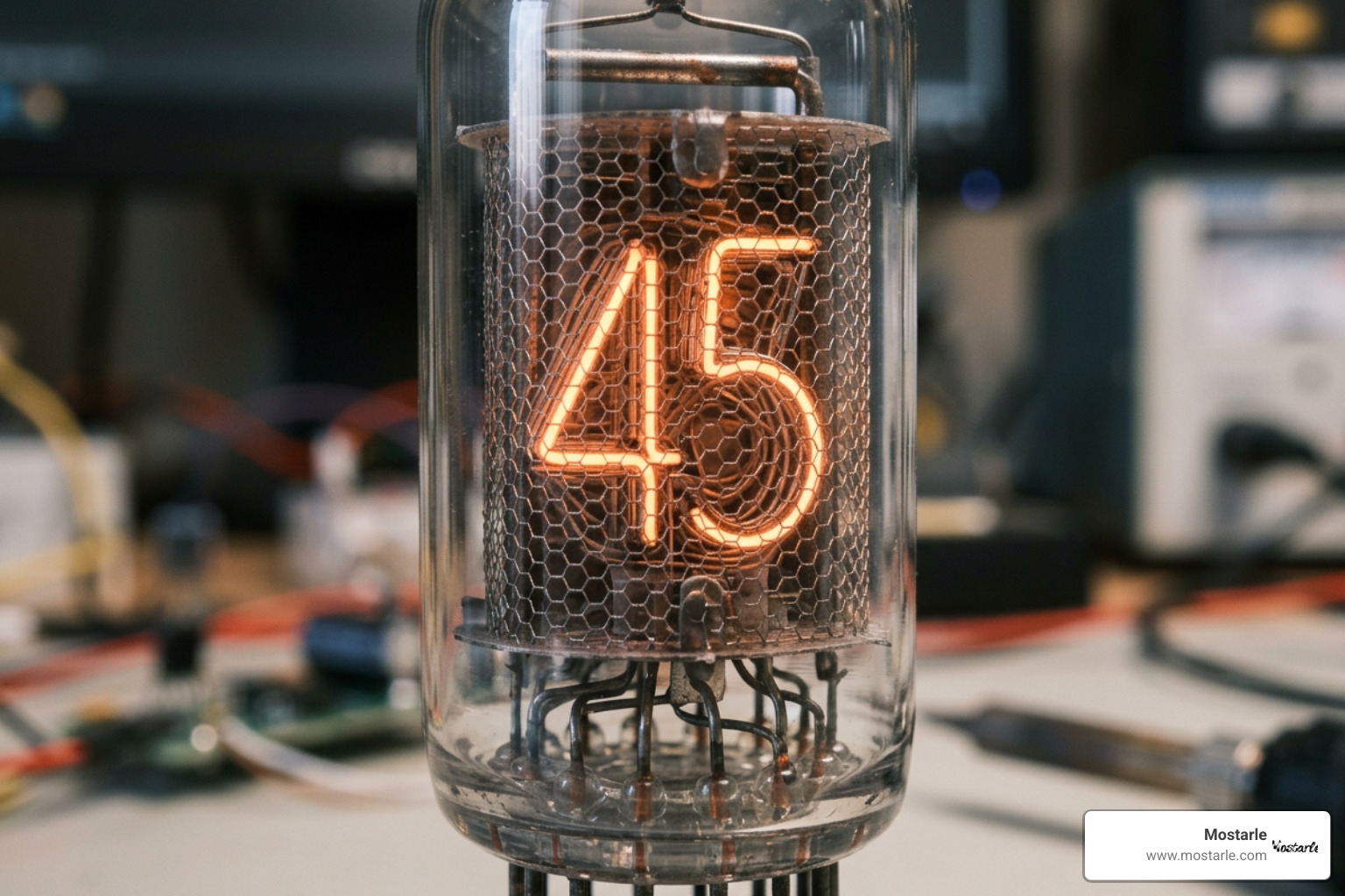 Close up of vintage nixie tube components showing the wire mesh and stacked cathodes