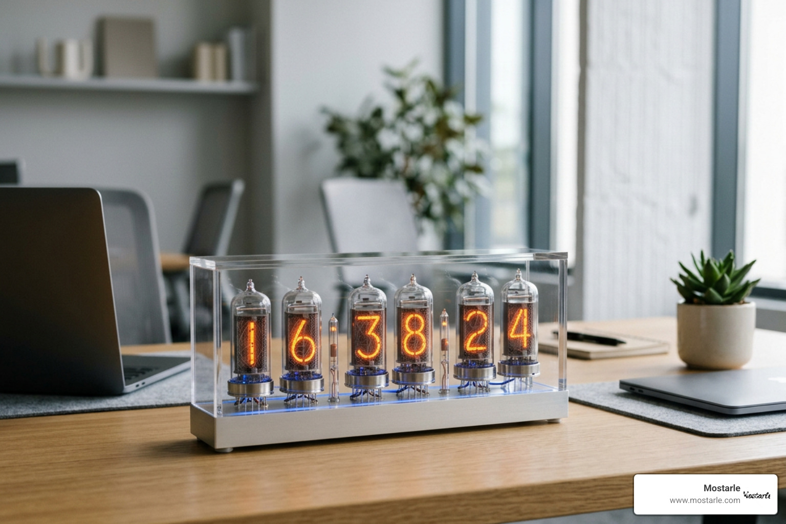 Sleek acrylic cased nixie clock on a minimalist office desk