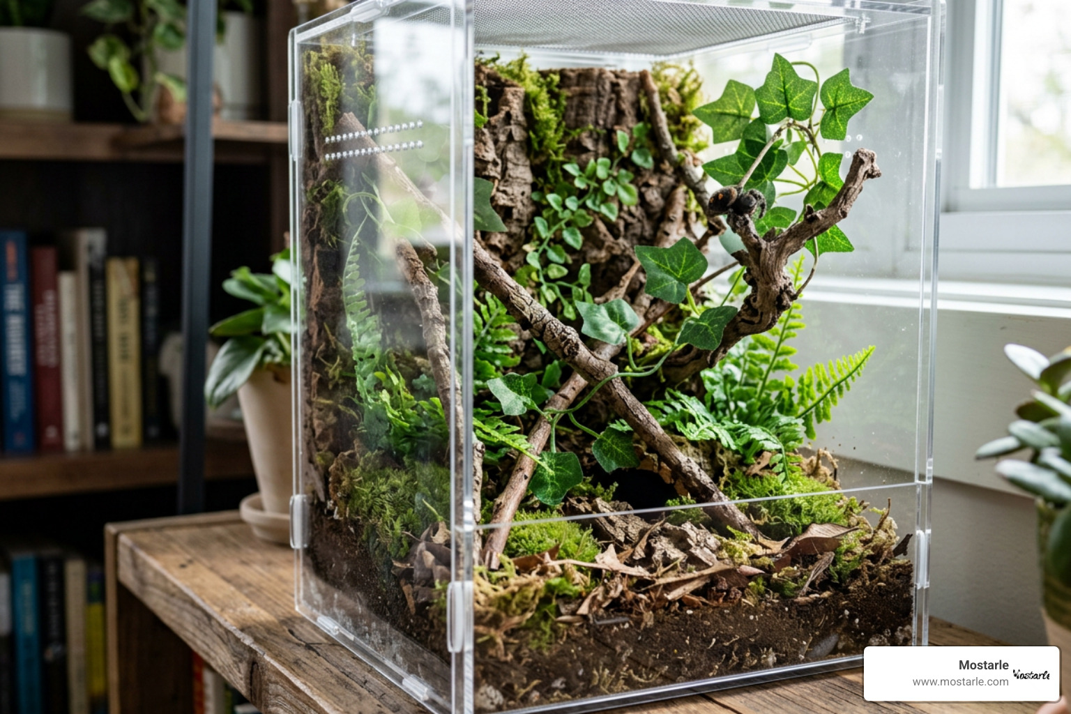 A cozy, bio-active jumping spider terrarium with twigs and artificial plants A cozy, bio-active jumping spider terrarium with twigs and artificial plants