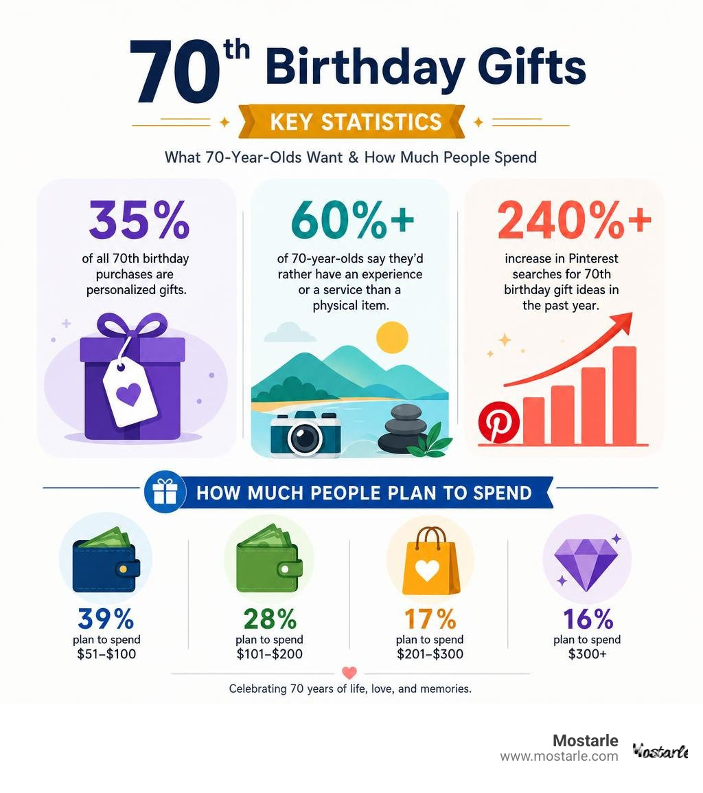 Key statistics about 70th birthday gift preferences and spending trends infographic Key statistics about 70th birthday gift preferences and spending trends infographic
