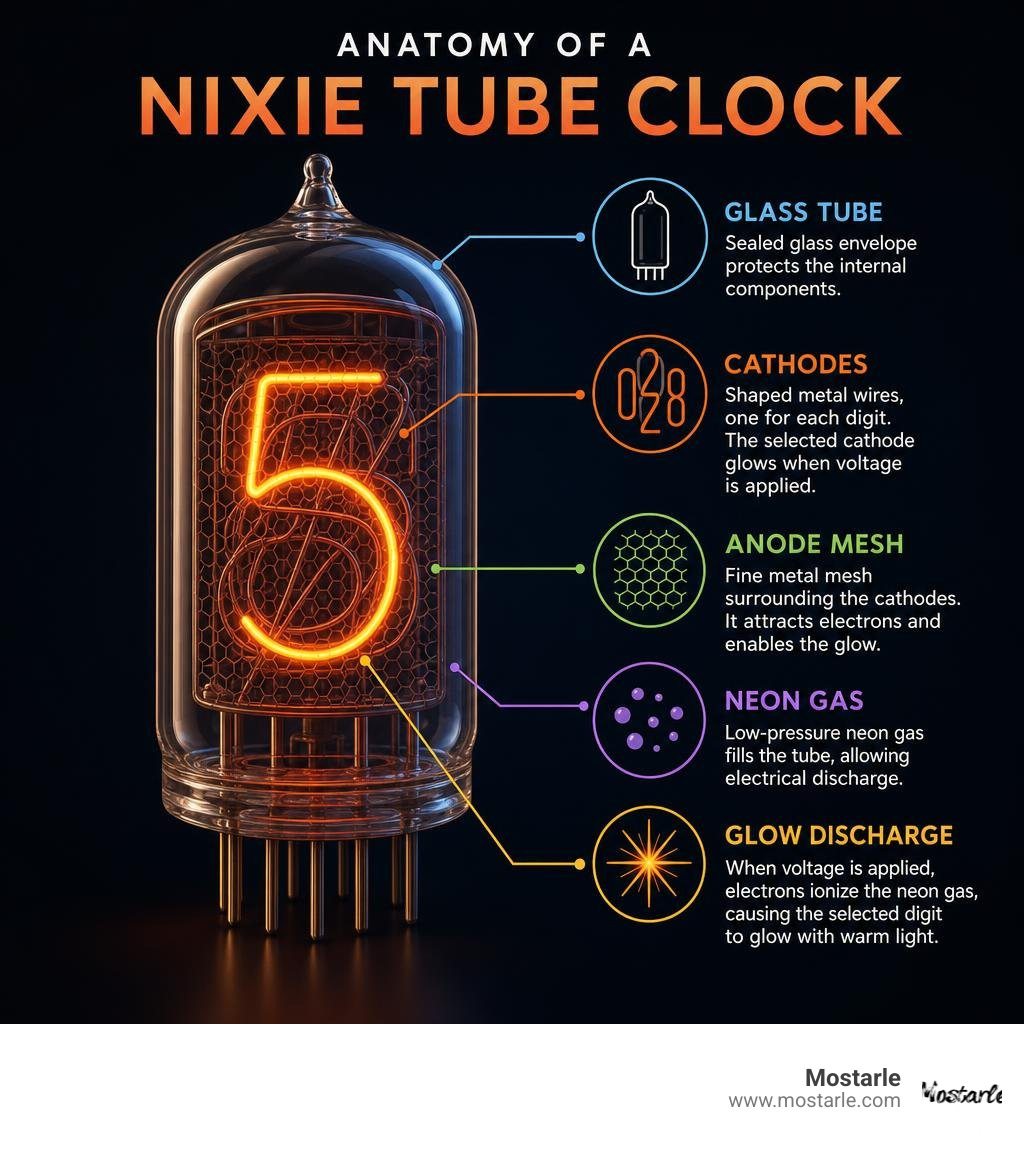 Anatomy of a nixie tube clock showing glass tube, cathodes, anode mesh, neon gas, and glow discharge infographic