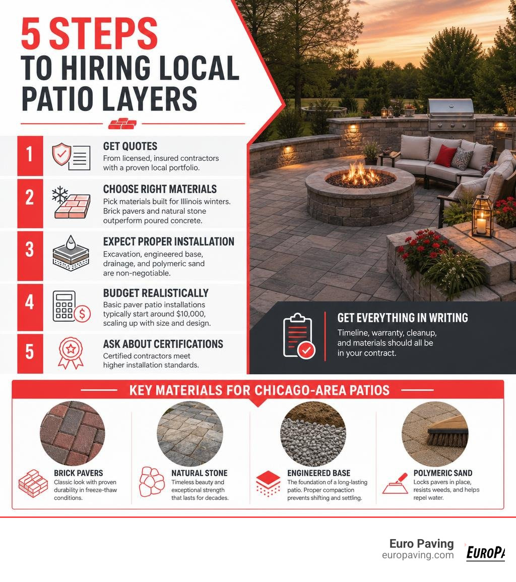 Infographic showing 5 steps to hiring local patio layers and key materials for Chicago-area patios infographic