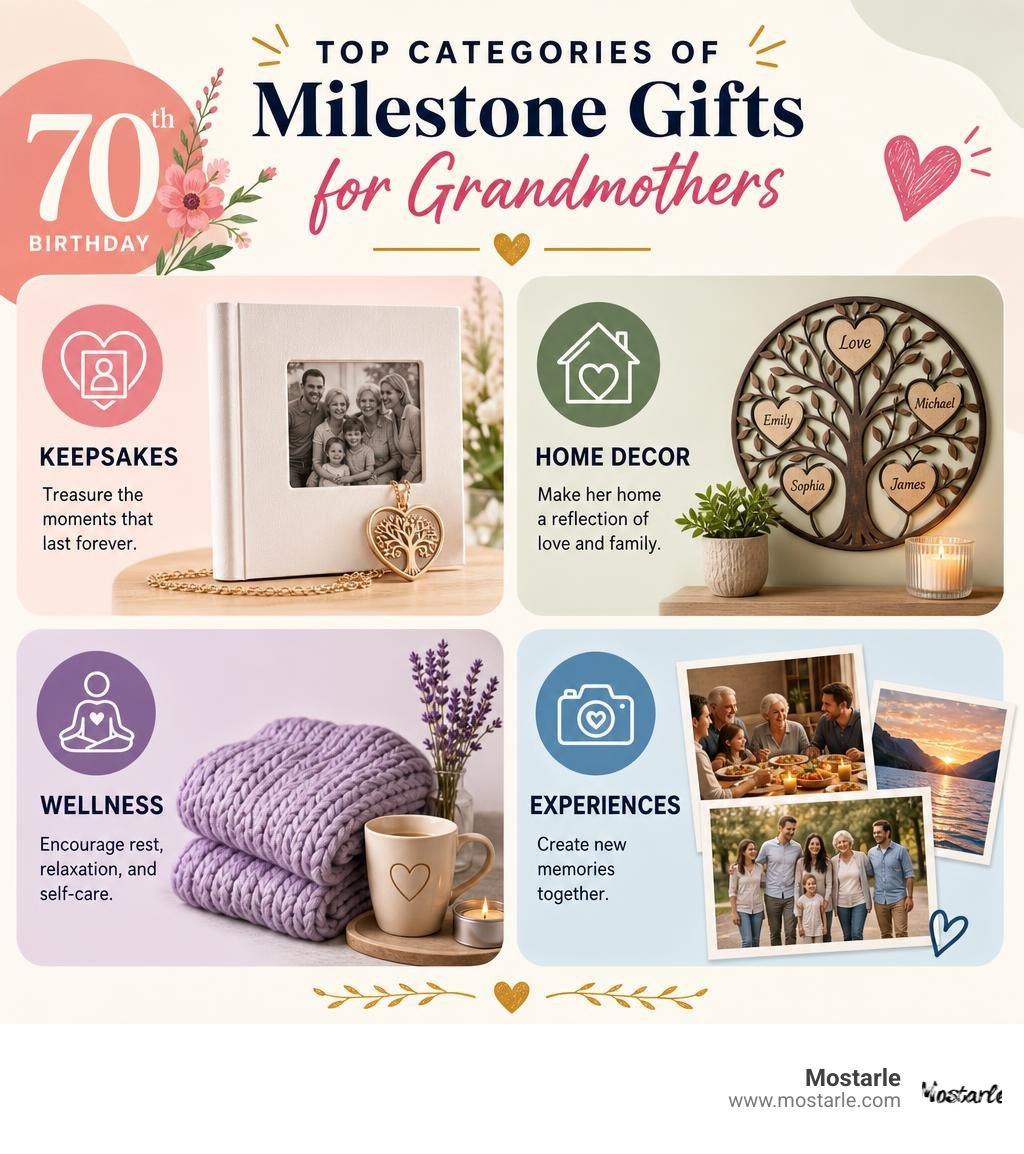 Top categories of milestone gifts for grandmothers including keepsakes, home decor, wellness, and experiences infographic