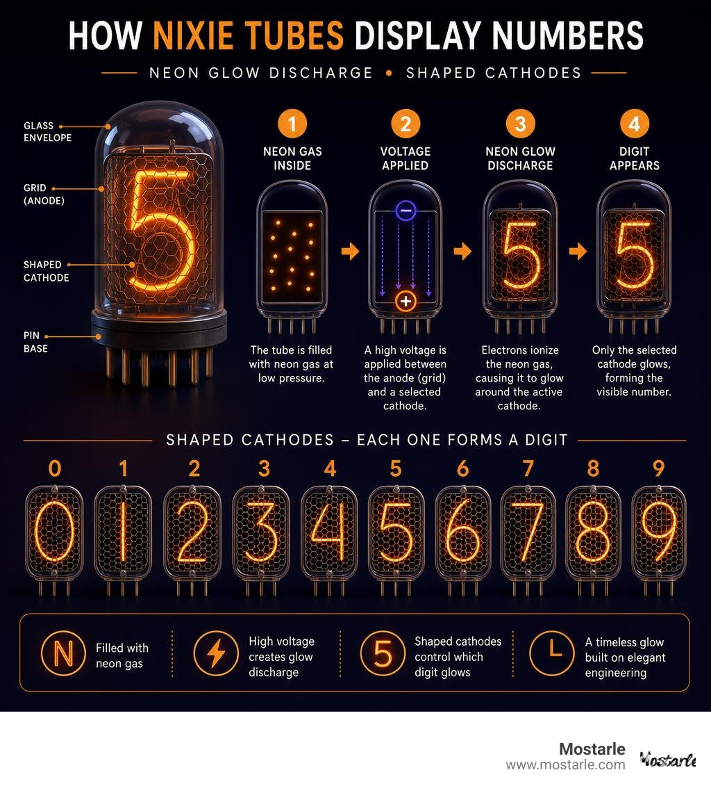 Infographic showing how nixie tubes display numbers using neon glow discharge and shaped cathodes infographic