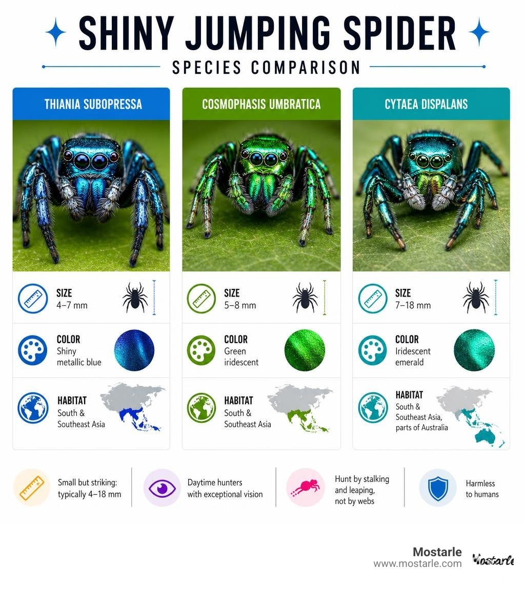 Shiny jumping spider species comparison infographic with size, color, and habitat infographic Shiny jumping spider species comparison infographic with size, color, and habitat infographic