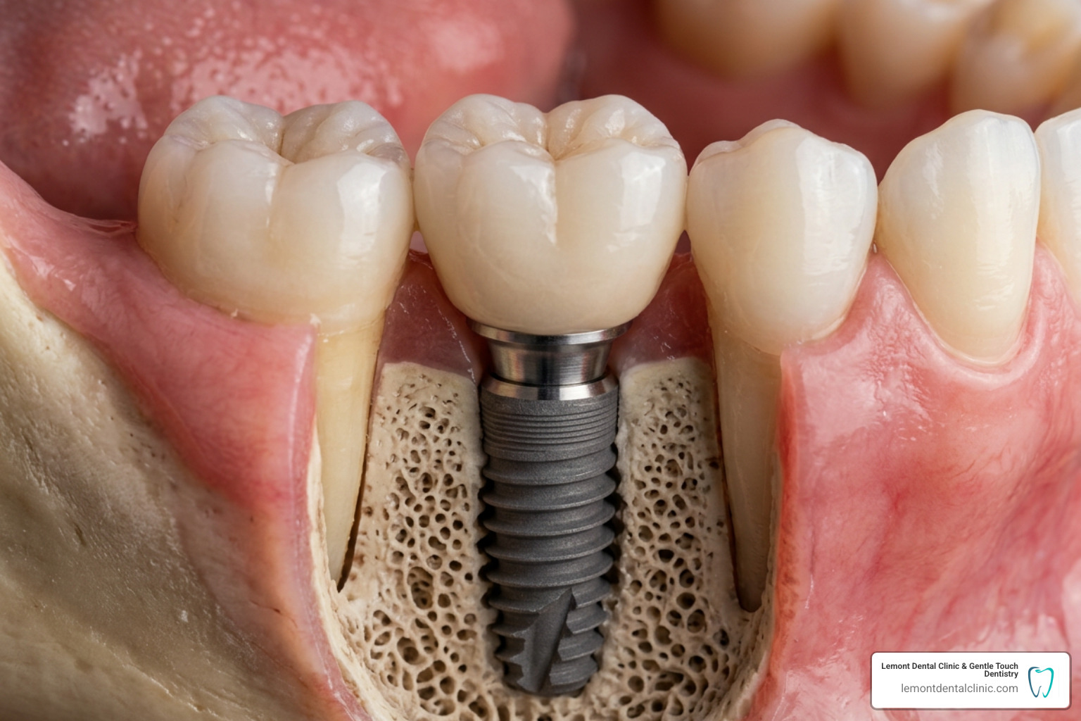 Anatomy of a dental implant showing the titanium post, abutment, and porcelain crown
