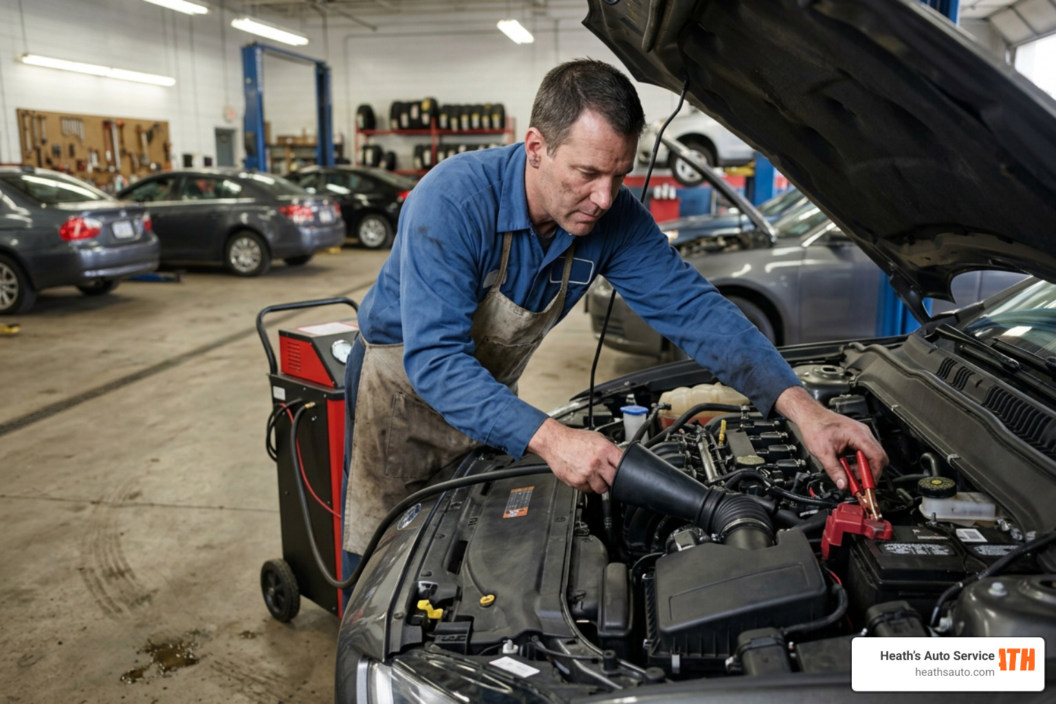 A mechanic connecting a smoke machine's alligator clips to a car battery and inserting the cone adapter into the intake boot A mechanic connecting a smoke machine's alligator clips to a car battery and inserting the cone adapter into the intake boot
