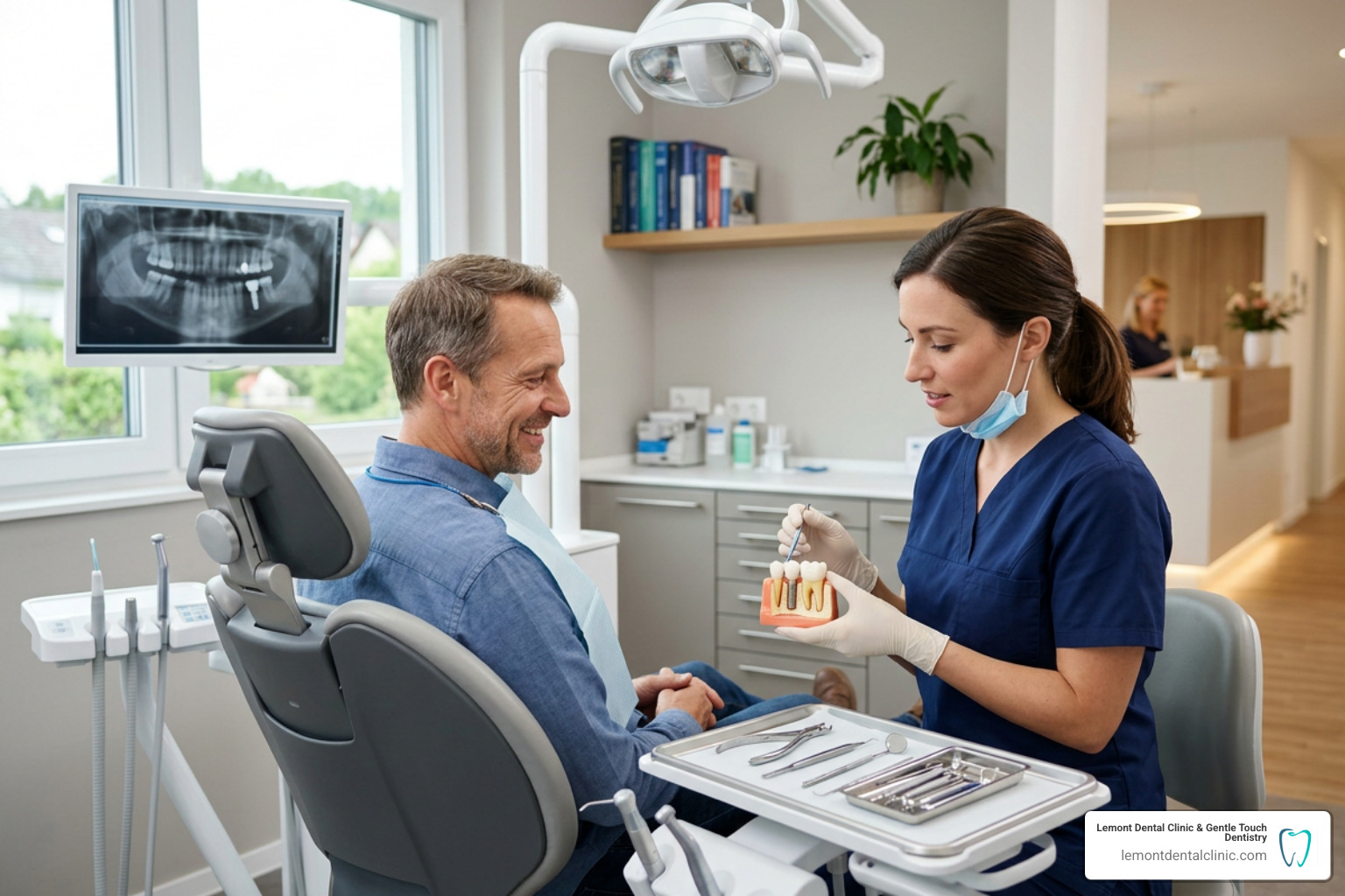 A dentist discussing transparent pricing and dental implant financing options with a patient
