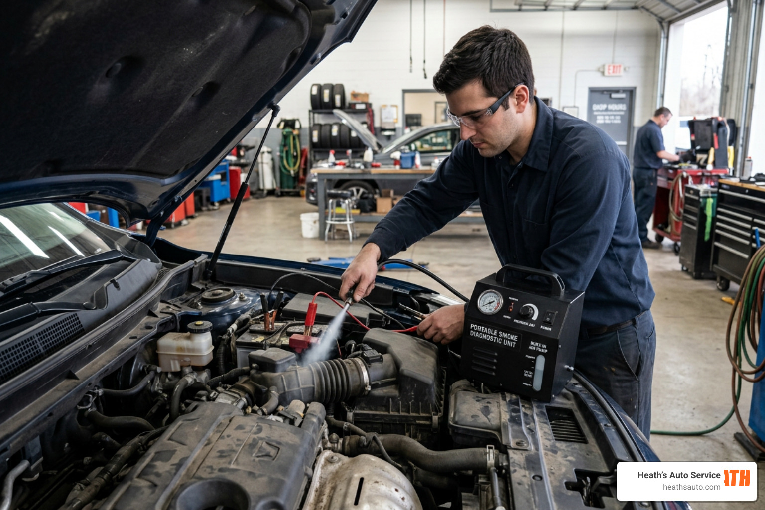 A technician setting up a portable 12V automotive smoke machine with a built-in air pump A technician setting up a portable 12V automotive smoke machine with a built-in air pump