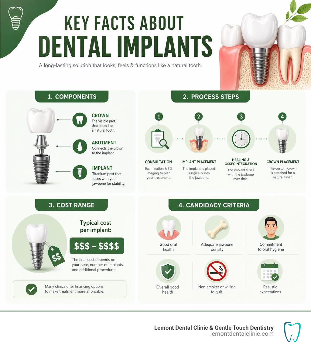 Key facts about dental implants: components, process steps, cost range, and candidacy criteria infographic
