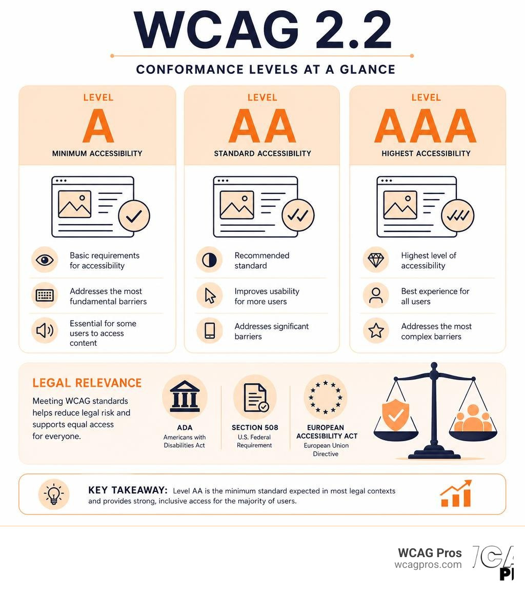 Infographic showing WCAG 2.2 conformance levels A, AA, and AAA with key requirements and legal relevance infographic Infographic showing WCAG 2.2 conformance levels A, AA, and AAA with key requirements and legal relevance infographic