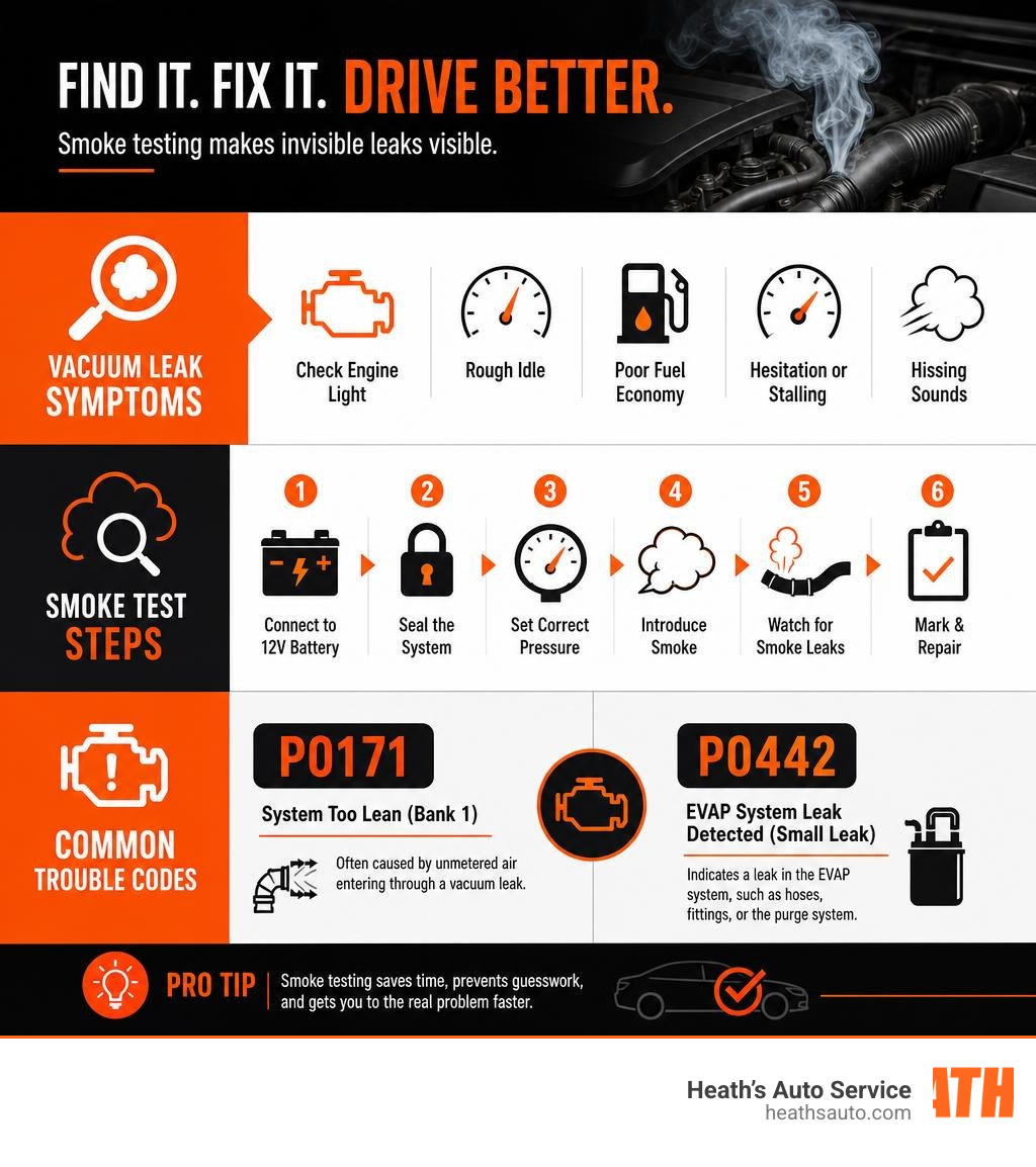 Infographic showing vacuum leak symptoms, smoke test steps, and common trouble codes like P0171 and P0442 infographic Infographic showing vacuum leak symptoms, smoke test steps, and common trouble codes like P0171 and P0442 infographic