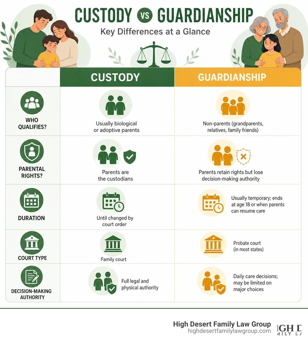 Infographic comparing custody and guardianship: who qualifies, parental rights, duration, court type, and decision-making Infographic comparing custody and guardianship: who qualifies, parental rights, duration, court type, and decision-making
