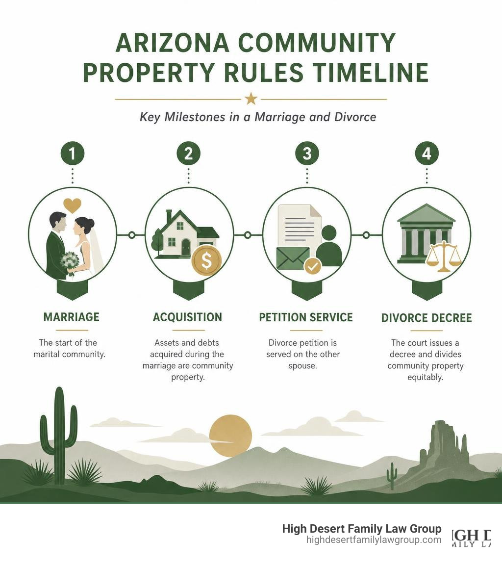Arizona community property rules timeline infographic: marriage, acquisition, petition service, divorce decree infographic Arizona community property rules timeline infographic: marriage, acquisition, petition service, divorce decree infographic