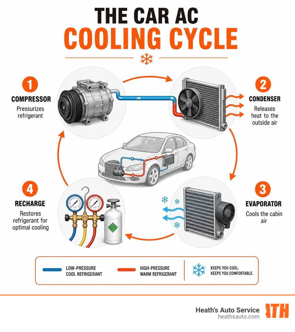 Infographic showing car AC cooling cycle steps: compressor pressurizes refrigerant, condenser releases heat, evaporator Infographic showing car AC cooling cycle steps: compressor pressurizes refrigerant, condenser releases heat, evaporator