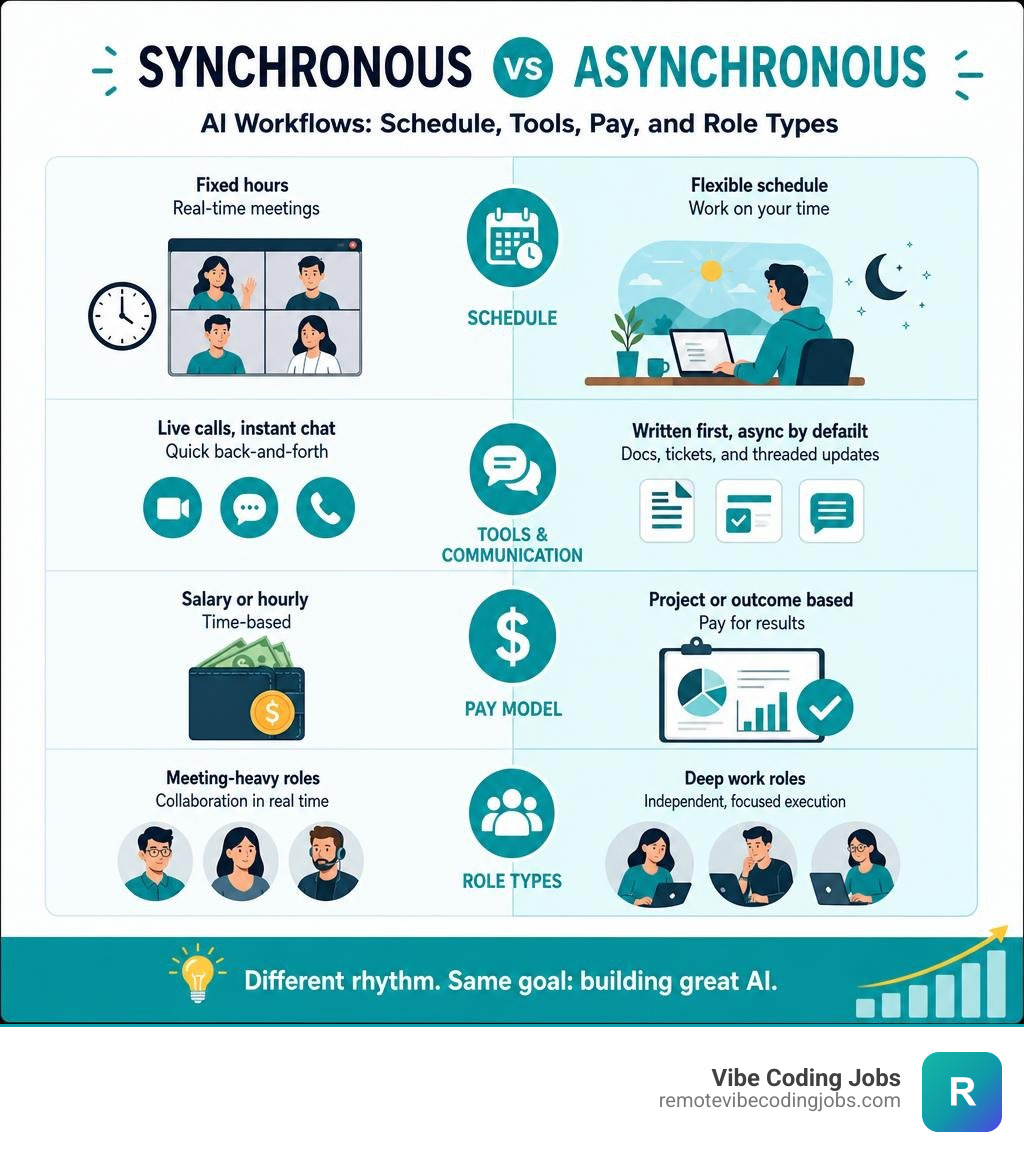 Infographic comparing synchronous vs asynchronous AI workflows: schedule, tools, pay, and role types infographic