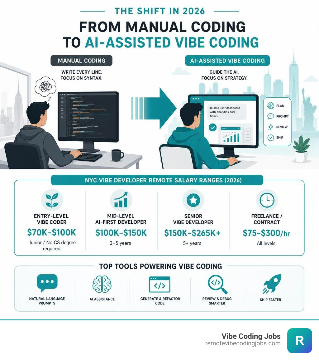 Infographic showing shift from manual coding to AI-assisted vibe coding with salary ranges and top tools infographic