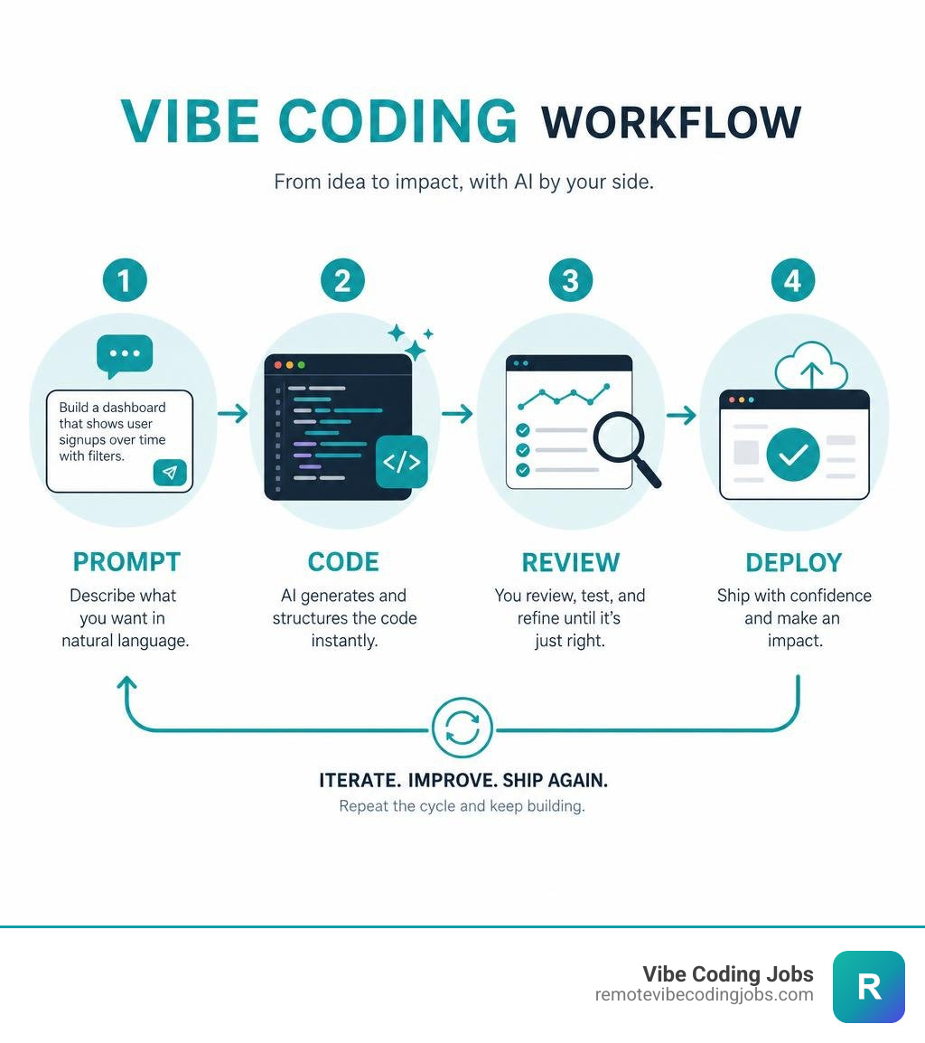Vibe coding workflow infographic: prompt to code to review to deploy stages infographic Vibe coding workflow infographic: prompt to code to review to deploy stages infographic