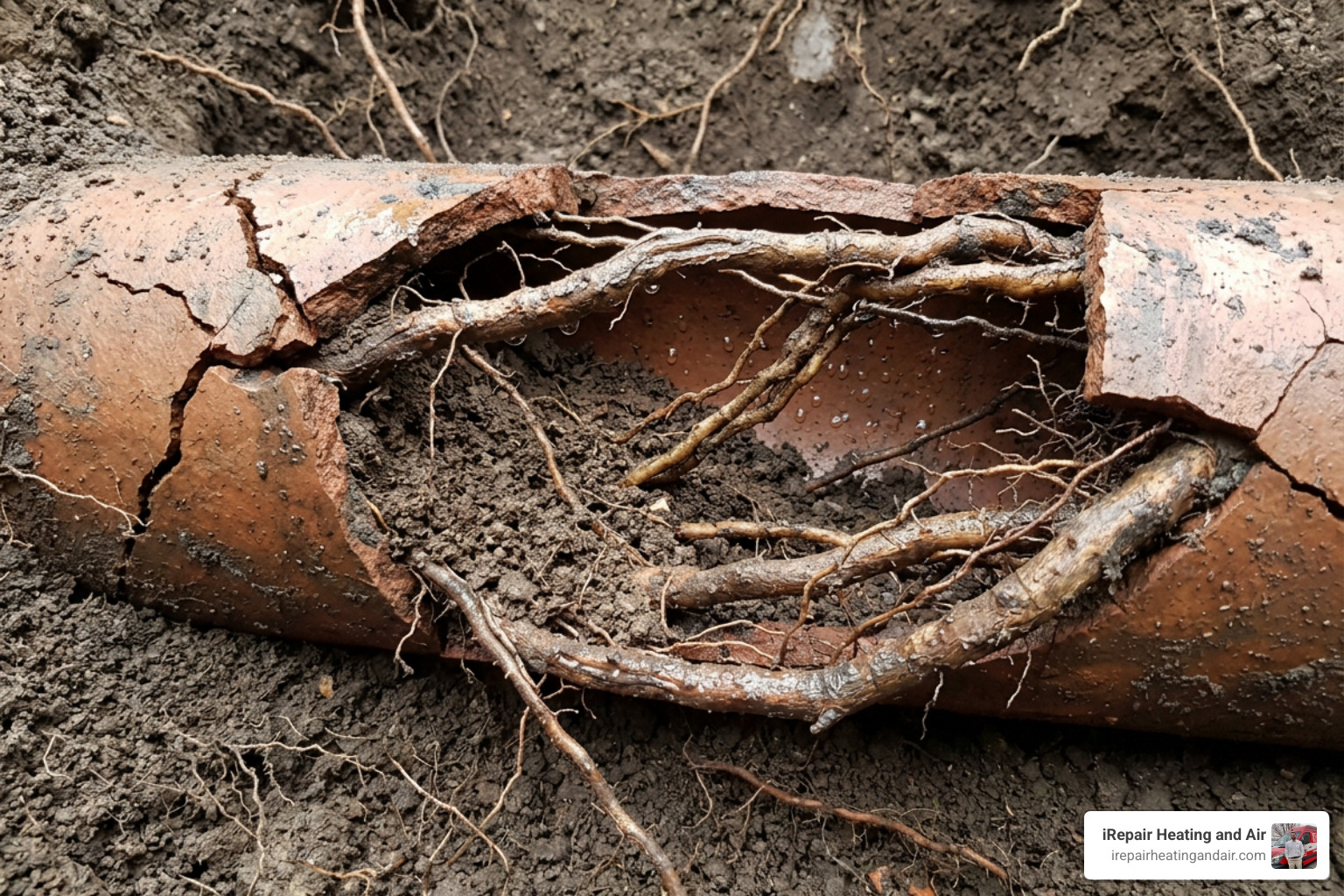 Tree roots invading a clay sewer pipe Tree roots invading a clay sewer pipe