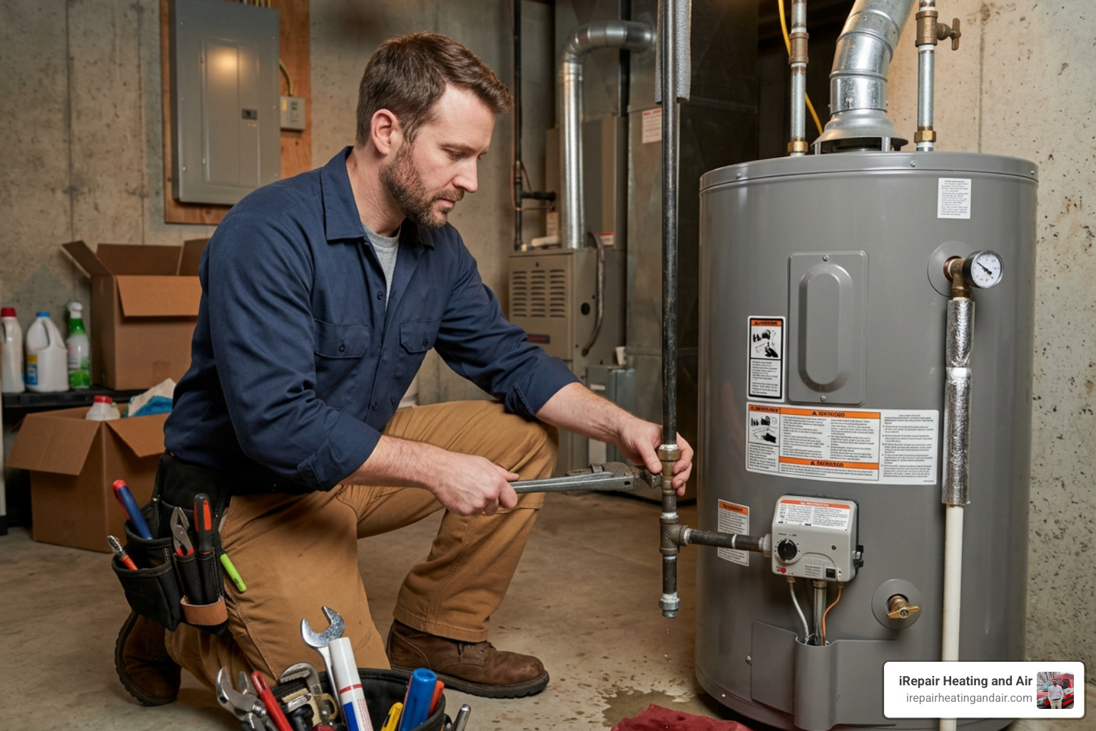 a professional plumber repairing a residential water heater