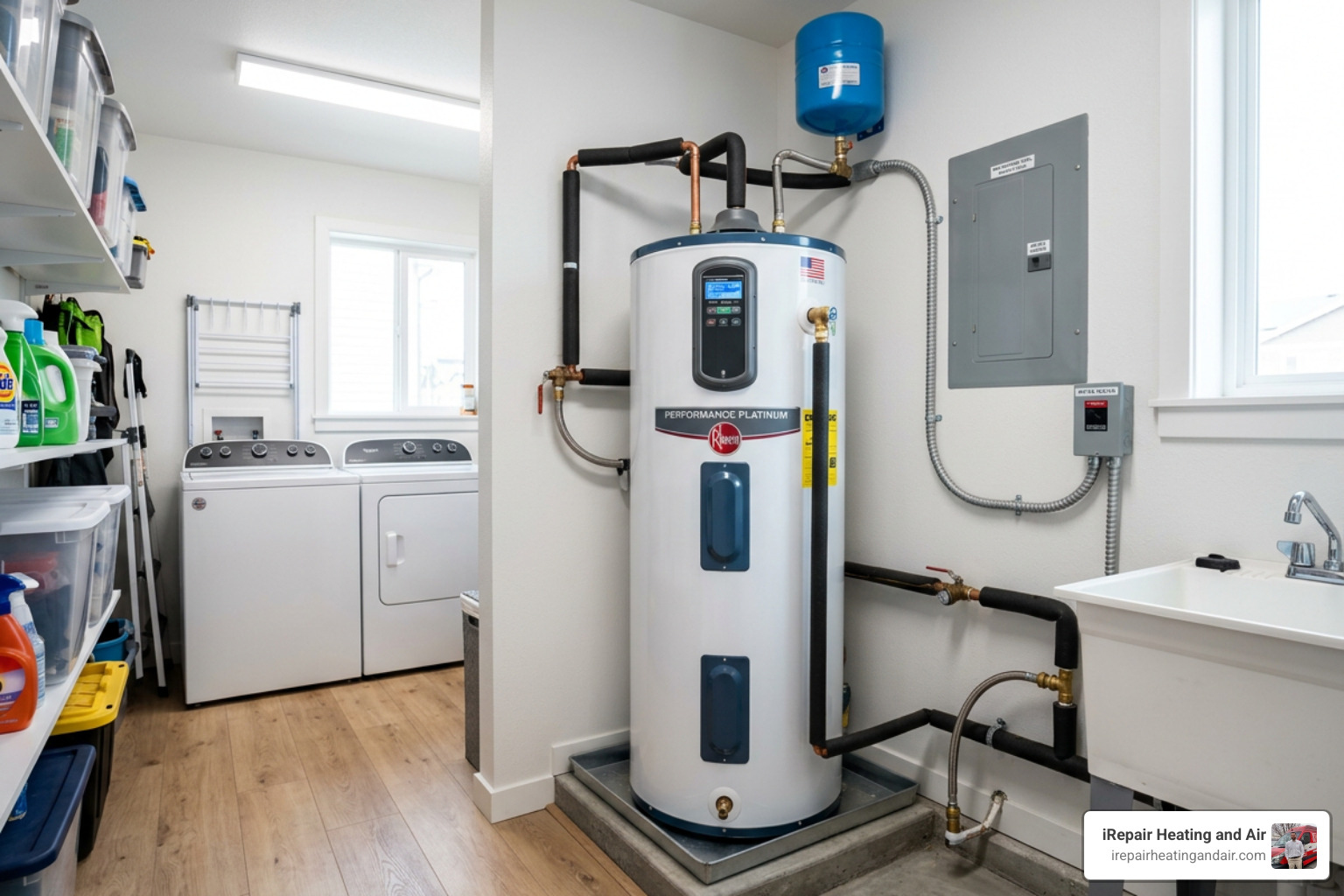 a modern, energy-efficient water heater installed in a clean utility room