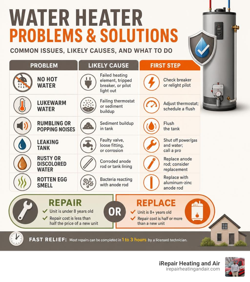 infographic showing common water heater problems, their causes, and when to repair vs replace infographic