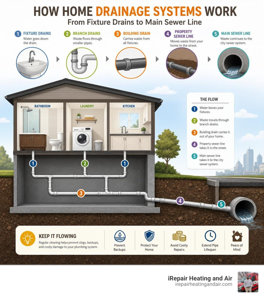 How home drainage systems work, from fixture drains to main sewer line infographic How home drainage systems work, from fixture drains to main sewer line infographic