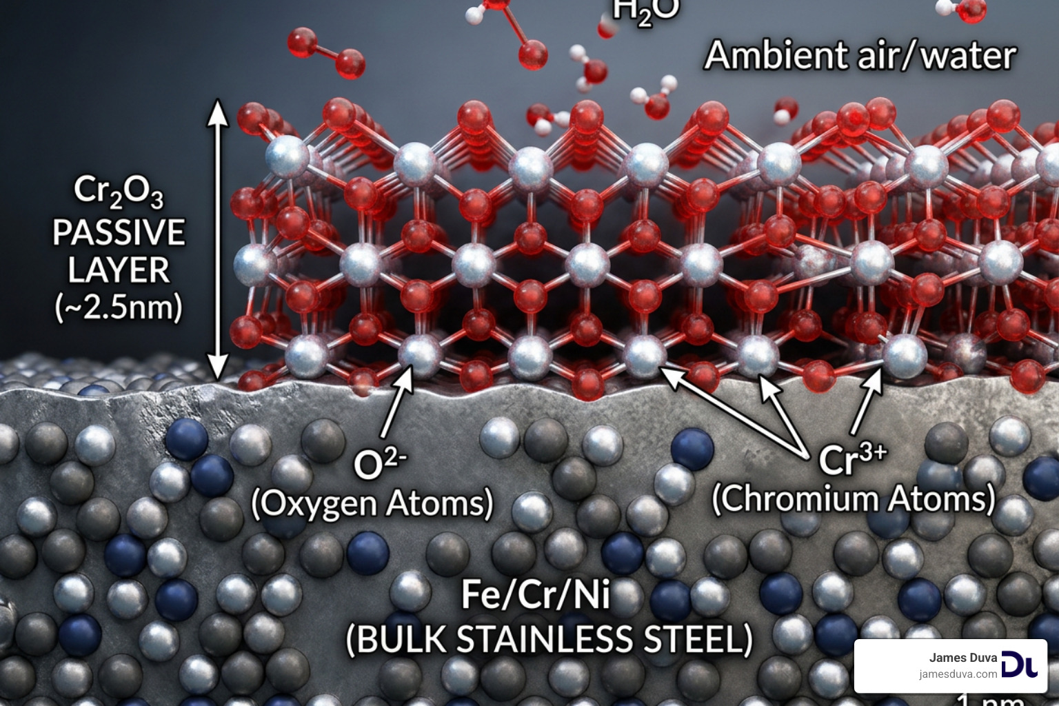 Molecular chromium oxide passive layer on stainless steel surface