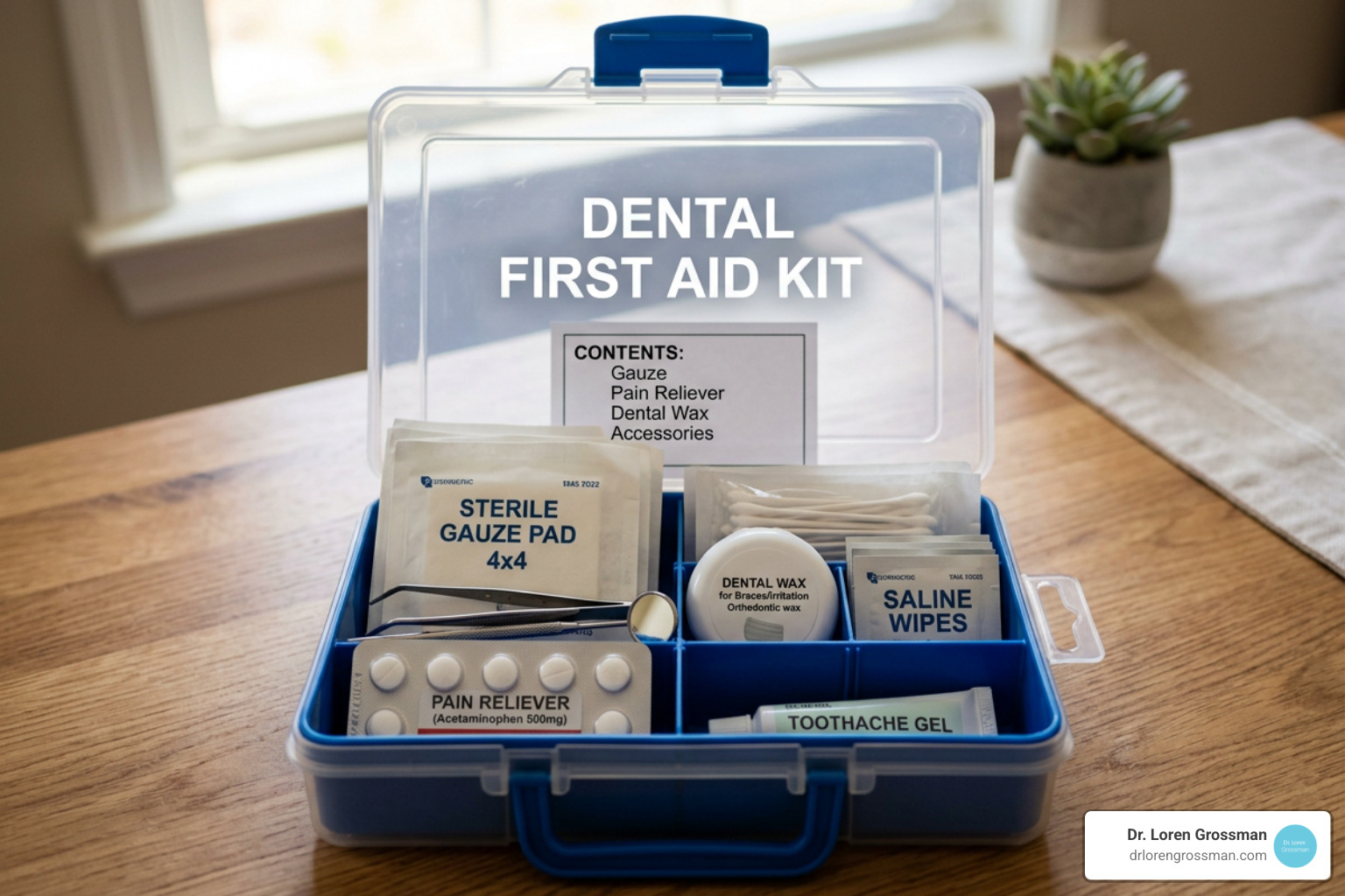 Dental first aid kit with gauze, pain relievers, and dental wax Dental first aid kit with gauze, pain relievers, and dental wax