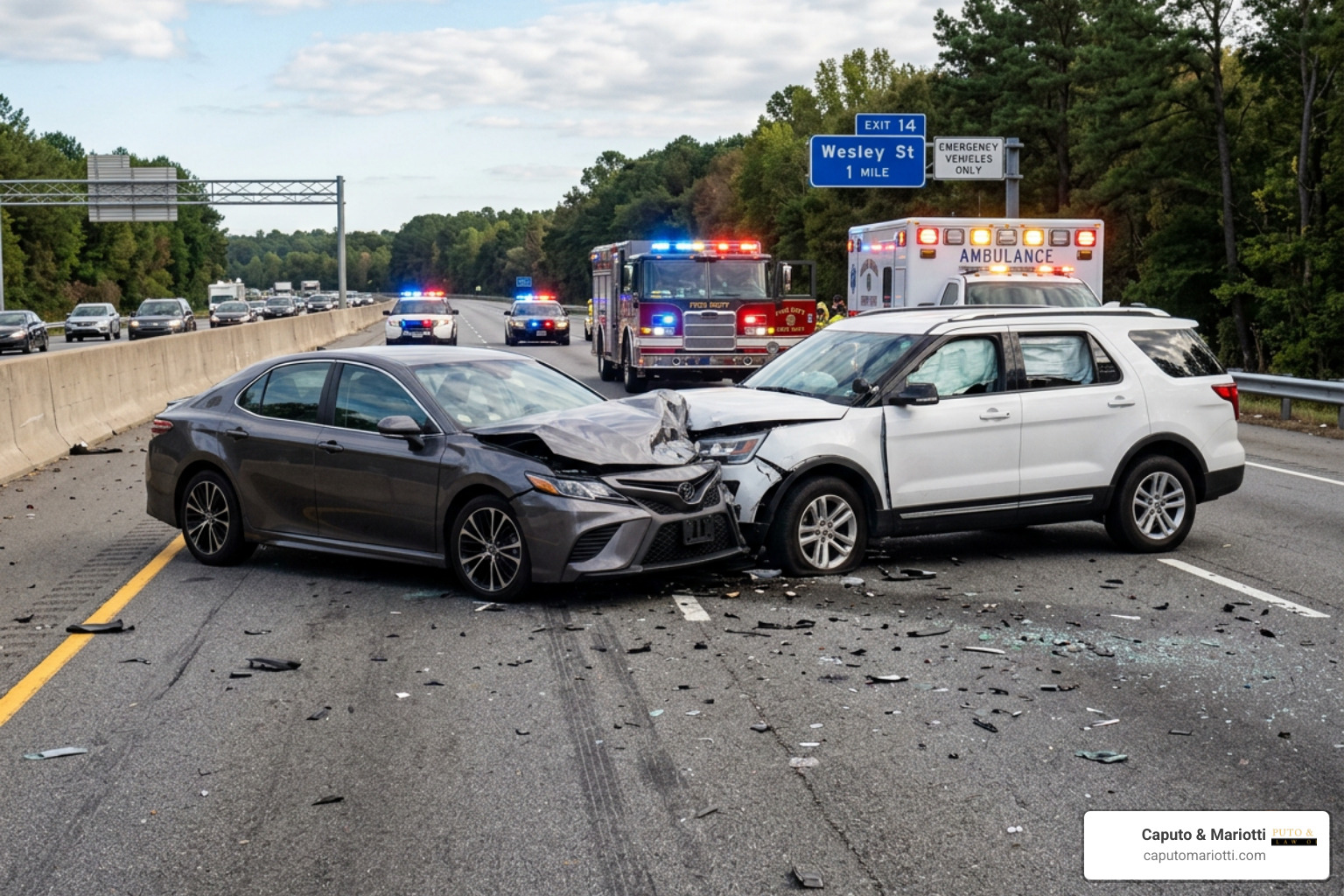 A car accident scene with emergency vehicle lights in the background A car accident scene with emergency vehicle lights in the background