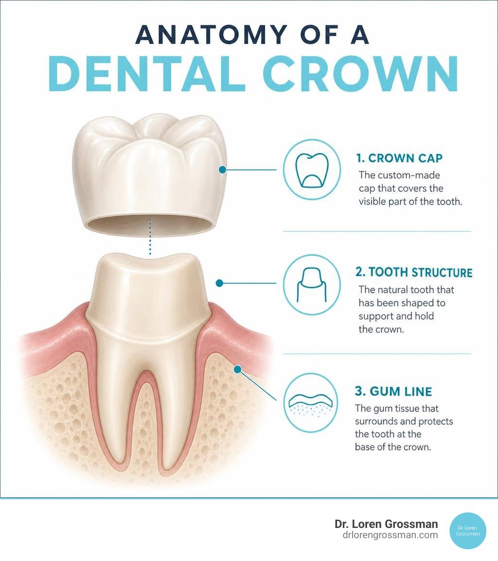 Anatomy of a dental crown showing cap, tooth structure, and gum line layers infographic