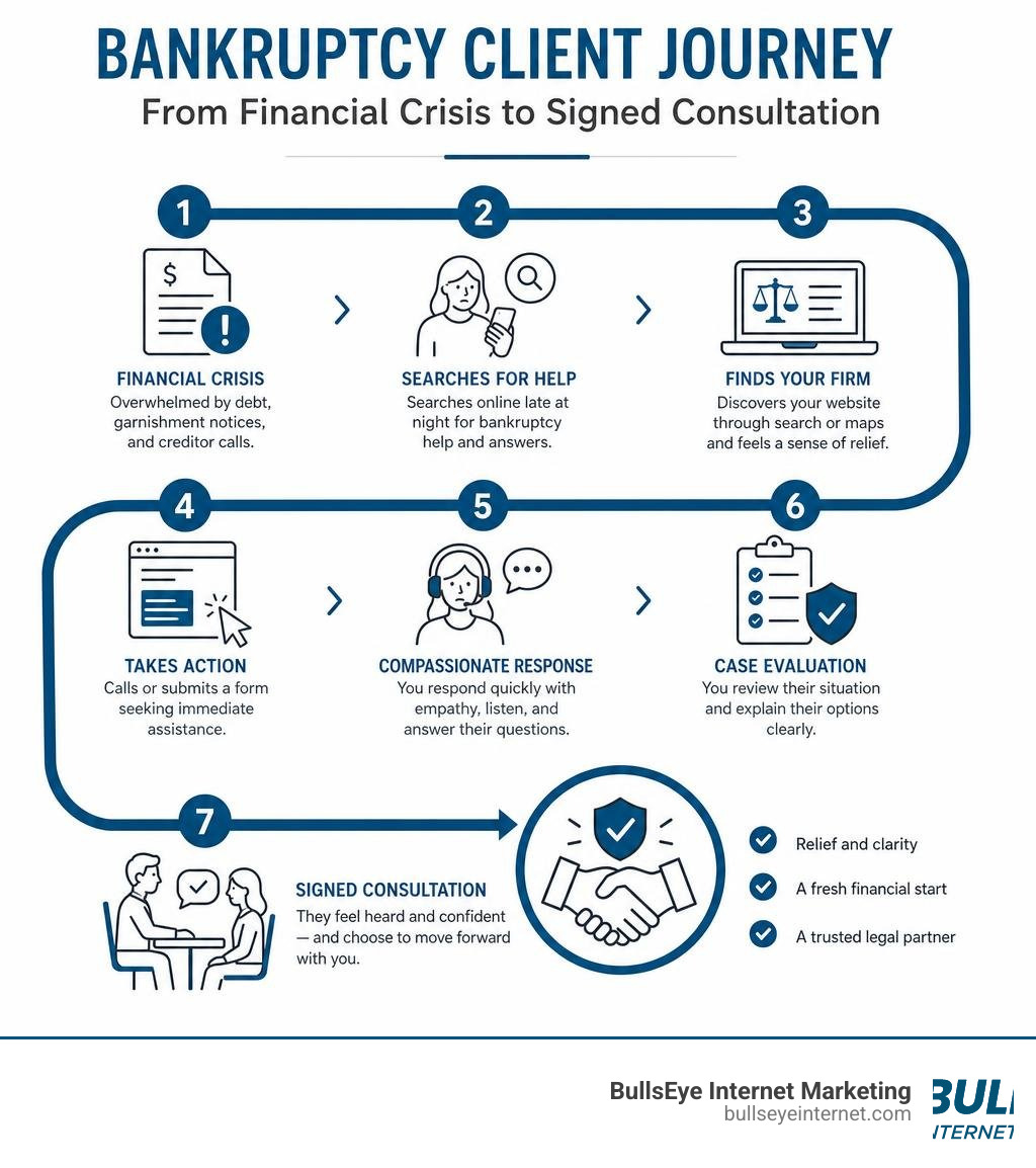 Bankruptcy client journey from financial crisis to signed consultation infographic infographic Bankruptcy client journey from financial crisis to signed consultation infographic infographic