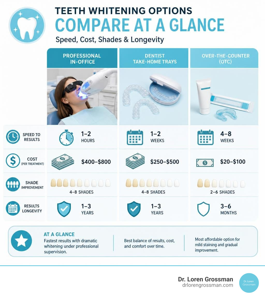 Comparison infographic: professional in-office vs take-home trays vs OTC whitening — speed, cost, shades, longevity