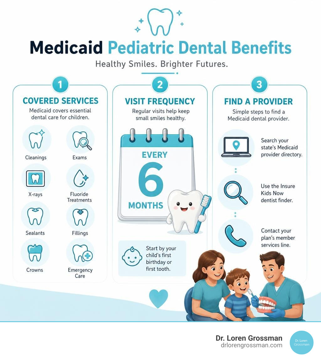 Infographic showing key Medicaid pediatric dental benefits: covered services, visit frequency, and how to find a provider