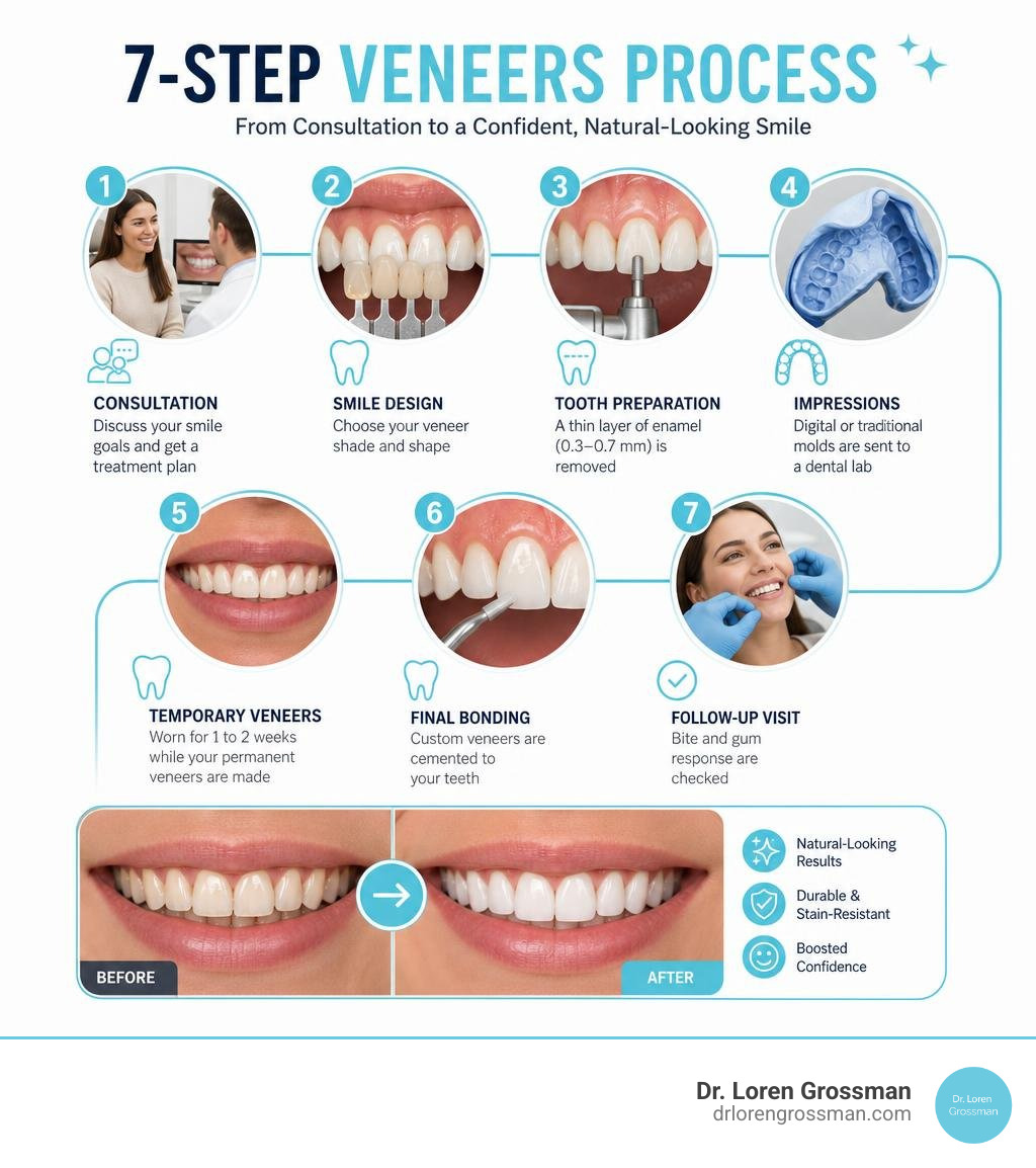7-step veneers process infographic from consultation to final bonding and follow-up infographic 7-step veneers process infographic from consultation to final bonding and follow-up infographic