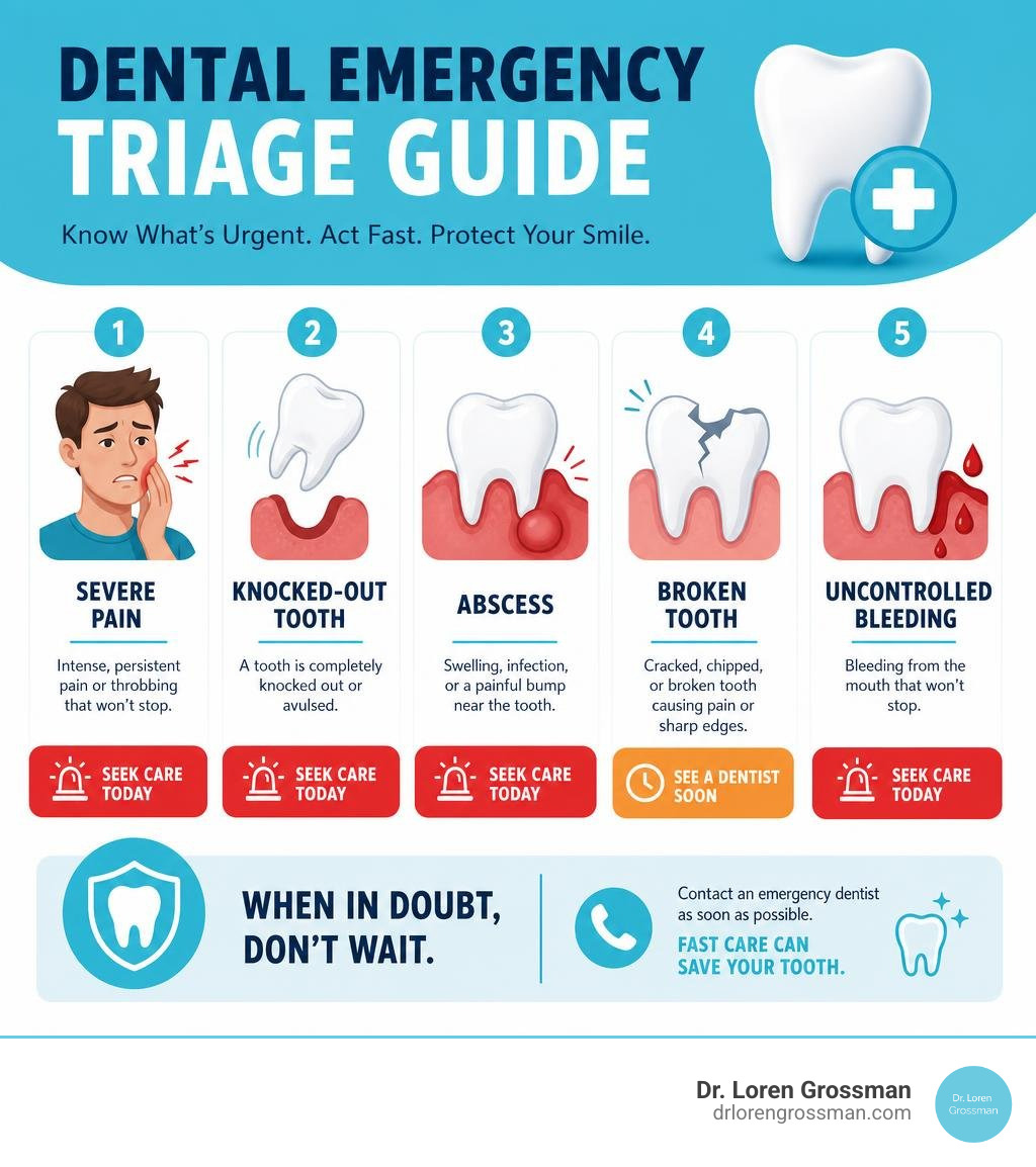 Dental emergency triage infographic: severe pain, knocked-out tooth, abscess, broken tooth, uncontrolled bleeding infographic Dental emergency triage infographic: severe pain, knocked-out tooth, abscess, broken tooth, uncontrolled bleeding infographic