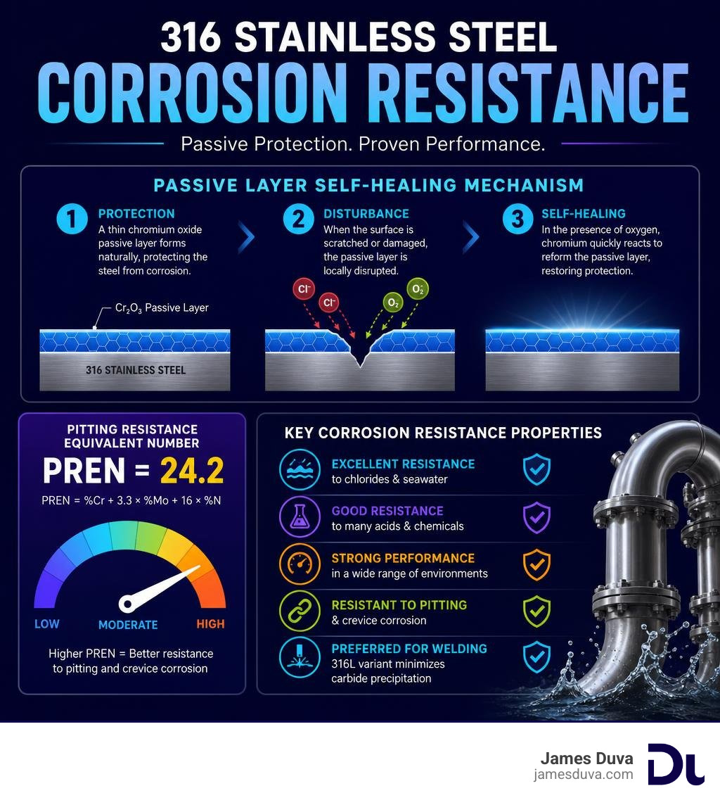 Infographic showing 316 stainless steel passive layer self-healing mechanism, PREN value, and key corrosion resistance