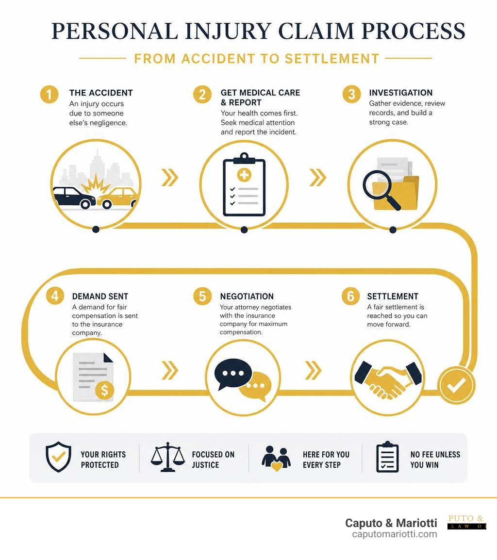 Infographic showing the personal injury claim process steps from accident to settlement infographic Infographic showing the personal injury claim process steps from accident to settlement infographic