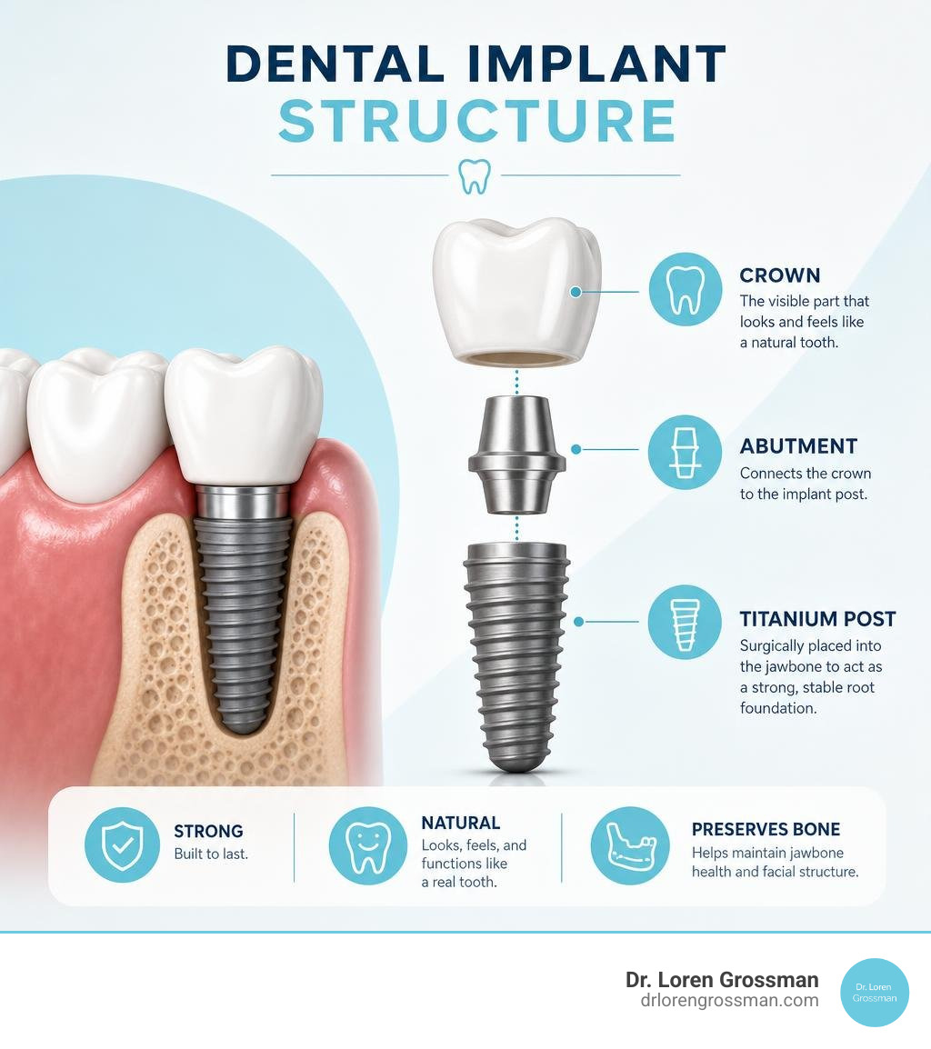 Dental implant structure showing titanium post, abutment, and crown with labeled parts infographic Dental implant structure showing titanium post, abutment, and crown with labeled parts infographic