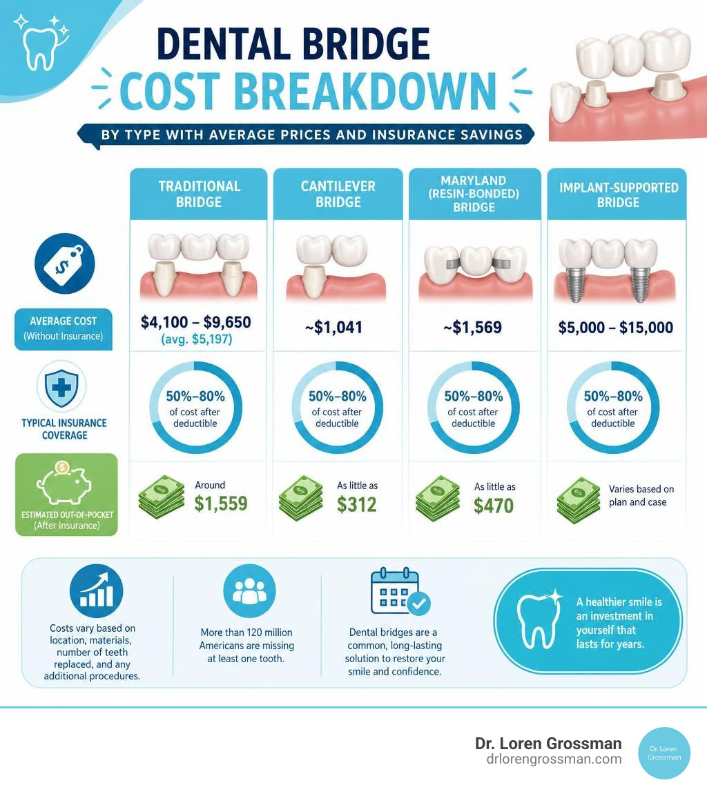 Dental bridge cost breakdown infographic by type with average prices and insurance savings infographic Dental bridge cost breakdown infographic by type with average prices and insurance savings infographic