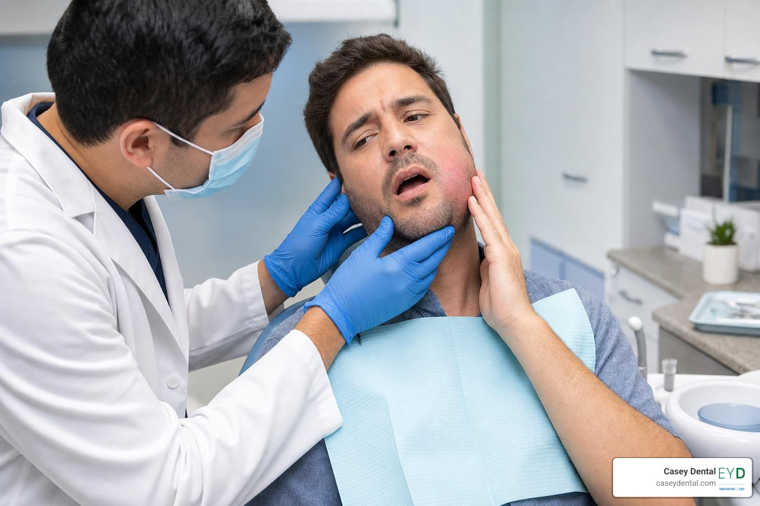 Patient receiving emergency dental care for a dental abscess