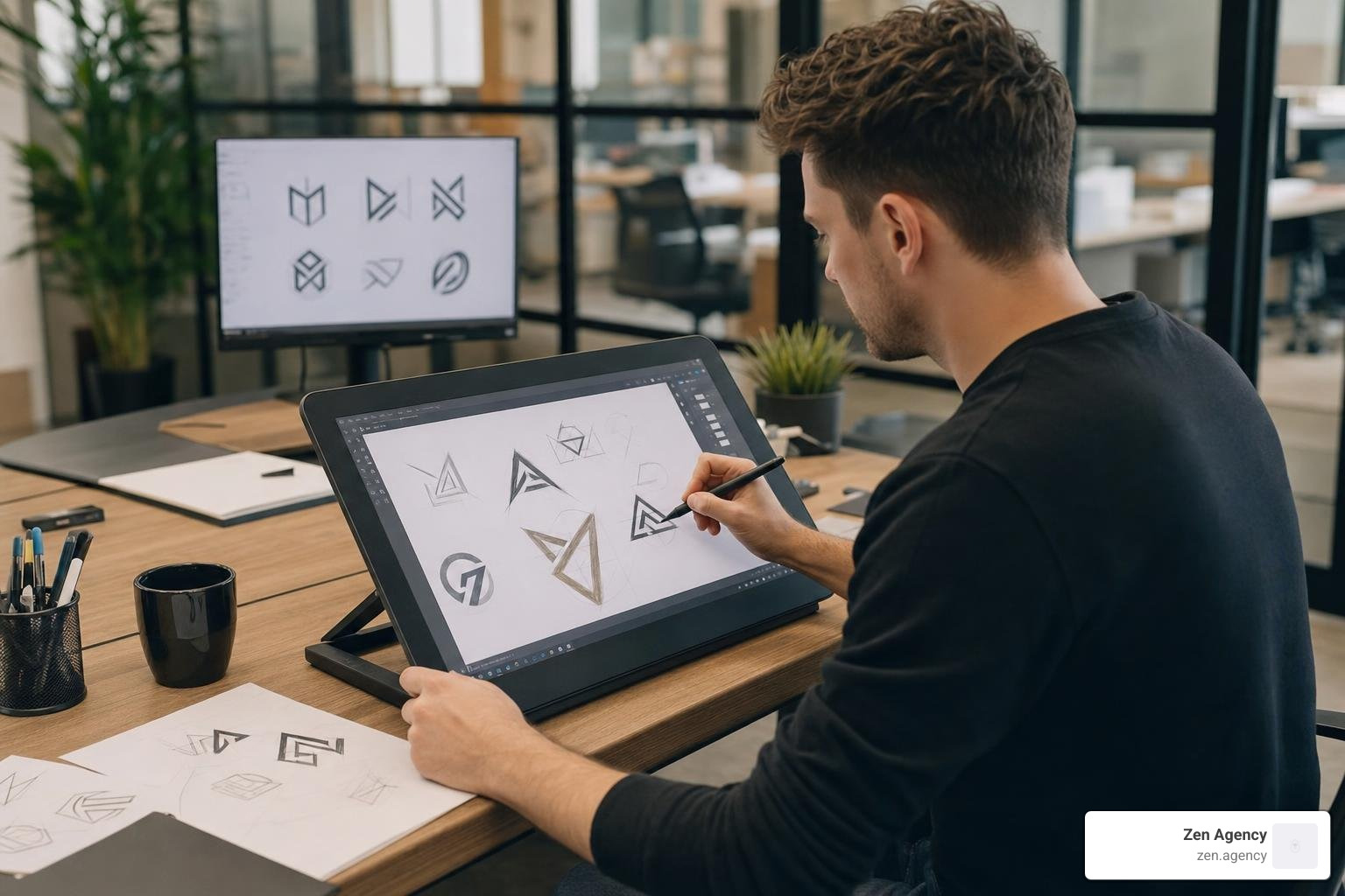 A professional graphic designer sketching custom logo concepts on a digital tablet A professional graphic designer sketching custom logo concepts on a digital tablet