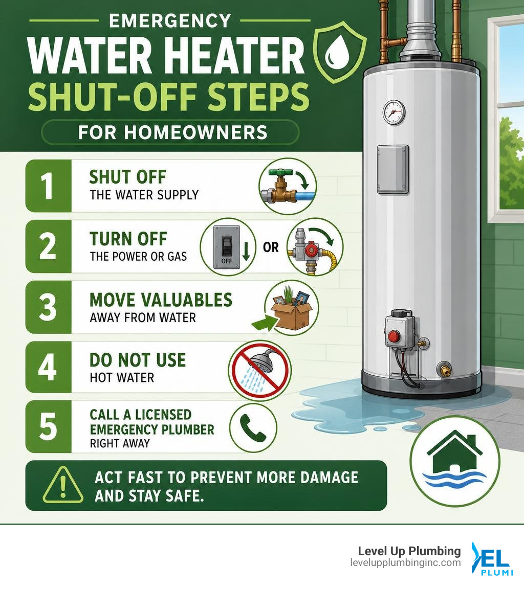Emergency water heater shut-off steps infographic for homeowners infographic