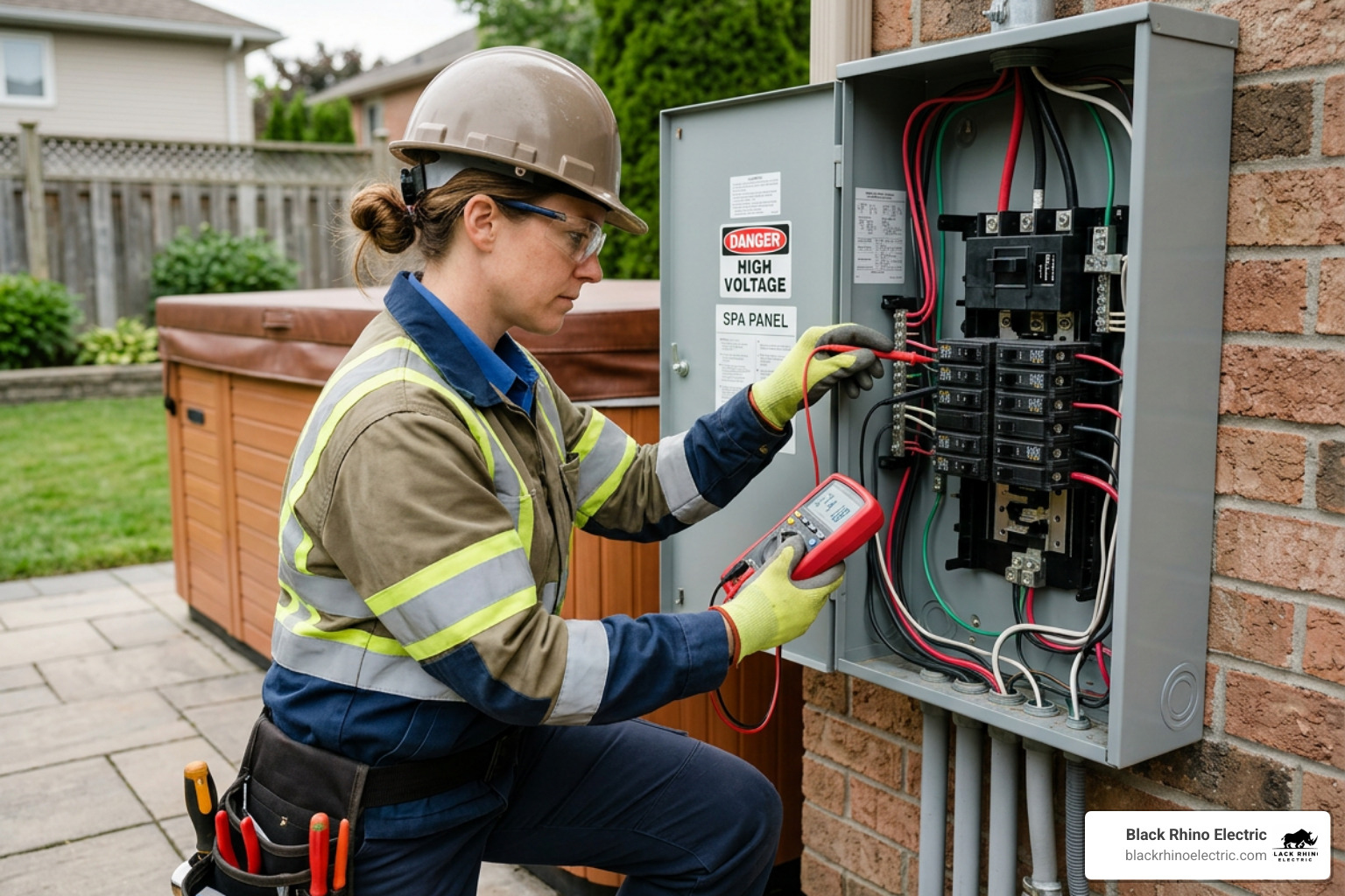 An electrician wearing safety gear testing voltage inside an open spa panel