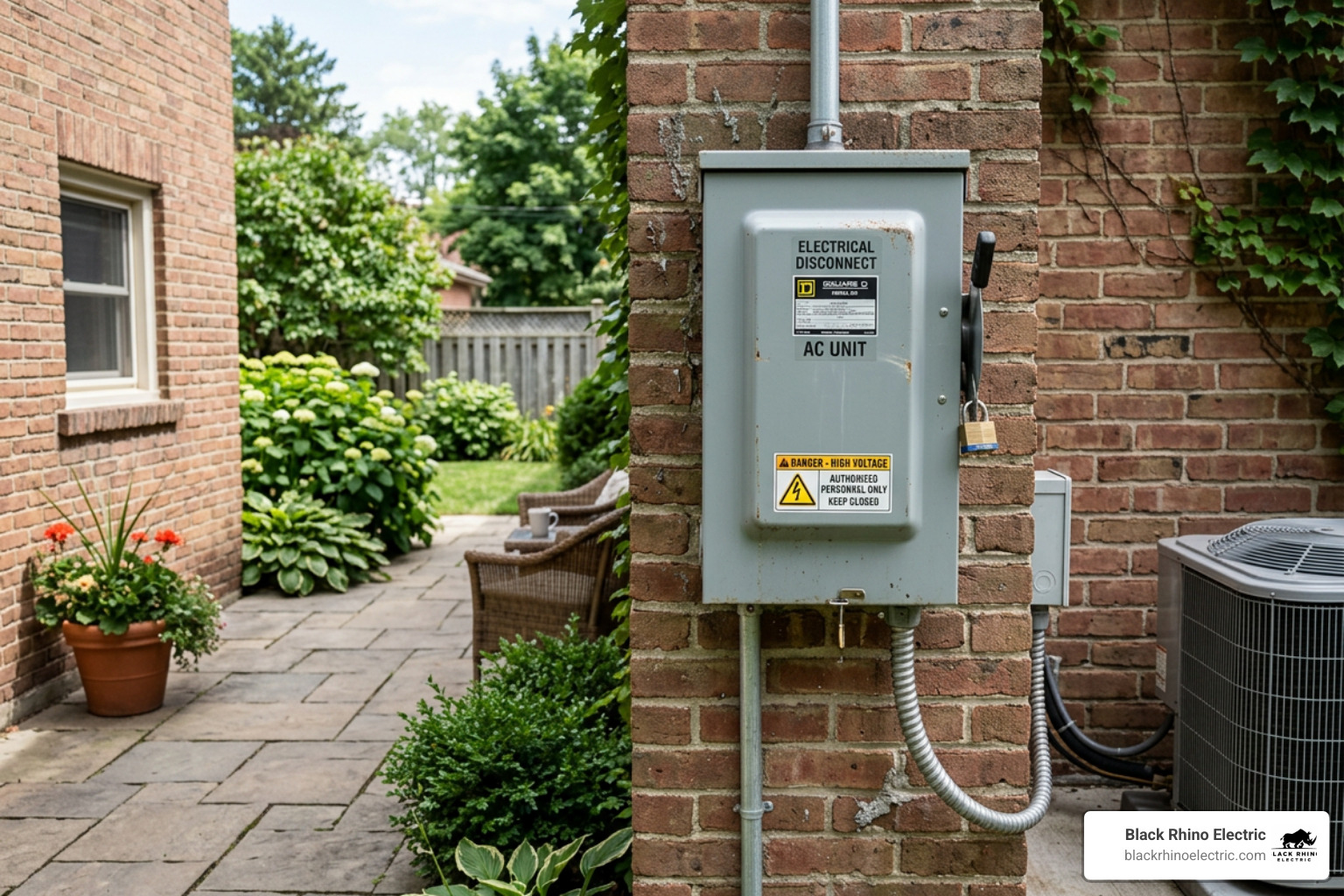 An outdoor electrical disconnect box mounted on a wall near a patio