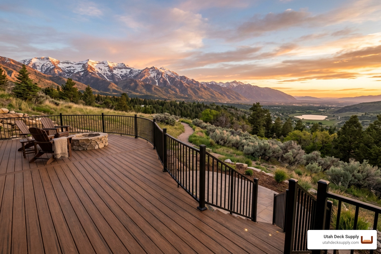 a stunning spiced rum trex deck featuring matte black signature aluminum railing at sunset a stunning spiced rum trex deck featuring matte black signature aluminum railing at sunset