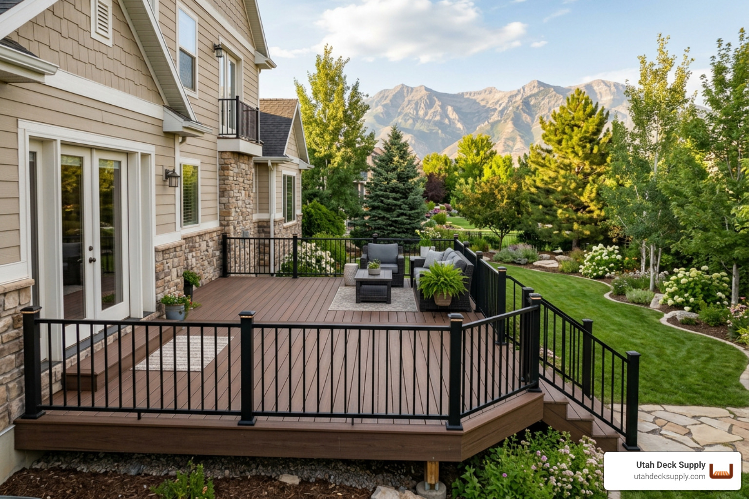 brown trex deck with black railing in afternoon utah sunlight brown trex deck with black railing in afternoon utah sunlight