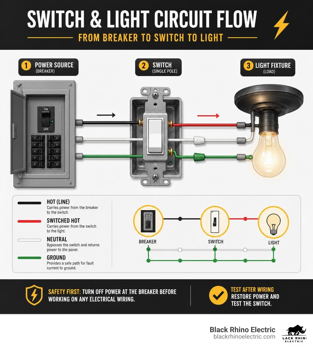 Infographic showing basic switch and light circuit flow from breaker to switch to light fixture infographic