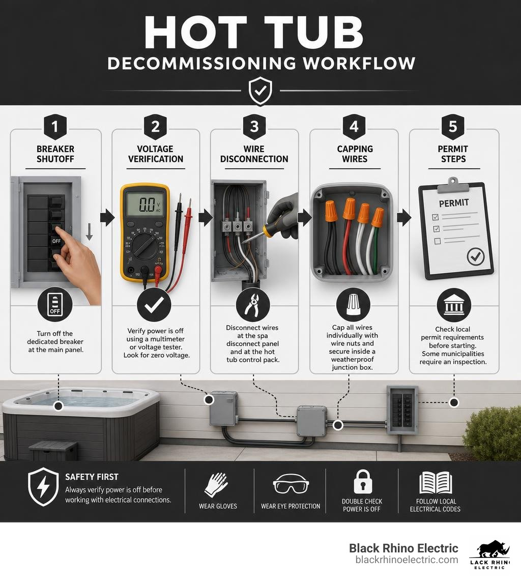 Hot tub decommissioning workflow: breaker shutoff, voltage verification, wire disconnection, capping, and permit steps